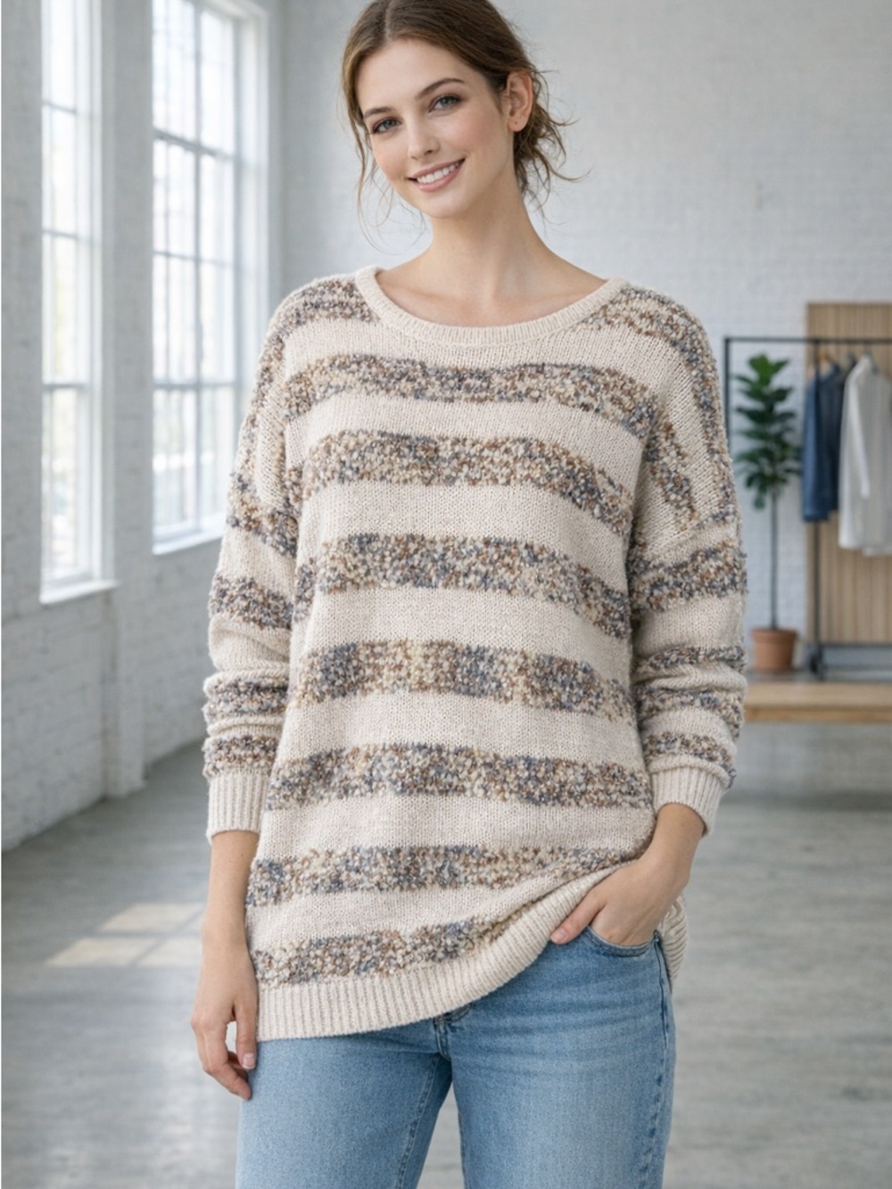 Hayden Cream Striped Textured Knit Sweater‎